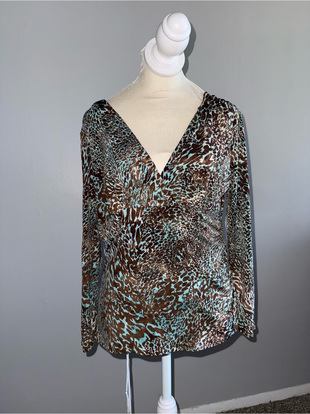 Andre Oliver Brown and Aqua Animal Print Long Sleeve V-Neck Top